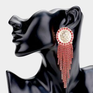 Red Gold Lion Head Crystal Dangle Fringe Earrings
